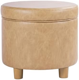 HomePop 19" Round Storage Ottoman - Sand Faux Leather