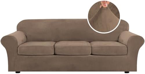 H.VERSAILTEX High Stretch Sofa Slipcover 4 Piece Cover Velvet Furniture Protector Form Fit Thick Velvet Extra Large Sofa Cover for 3 Cushion Couch Width Up to 97 Inch (Large Sofa, Mocha)