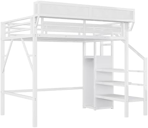 Twin Size Metal Loft Bed Frame with Convertible Staircase, Built-in Storage Shelves and Wardrobe, Loft Bed with Solid Slats, Guardrail, No Box Spring Required, Easy Assembly, for Bedroom, White