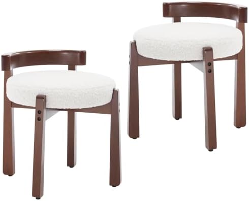 Ya-Home Modern Vanity Chair Upholstered Small Ottoman Footstool, Make Up Stool Sherpa Fabric with Backrest Wooden Frame for Living Room Bedrooms, 2PCS, White