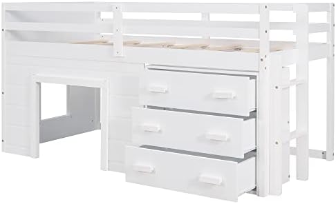 Bellemave Twin Size Low loft Bed for Kids,Wood Modern Farmhouse Twin Loft Bed with and Drawer Storage, No Box Spring Needed, White