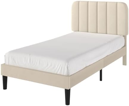 VECELO Twin Size Bed Frame with Upholstered Headboard, Velvet Platform Bedframe Mattress Foundation, Strong Wood Slat Support, No Box Spring Needed,Bone Beige
