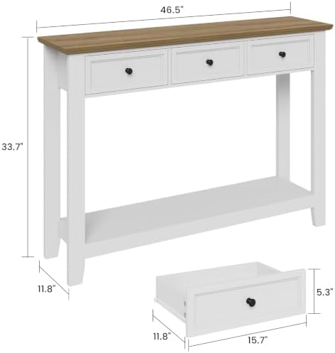 46.5" W Narrow Console Table with 3 Drawers, White