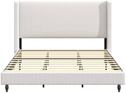King 54" Tall Headboard Wingback Upholstered Platform Bed Frame Upholstered Bed Frames with Black Wooden Legs No Box Spring Needed Sturdy Metal Frame with Wooden Slats Easy Assembly Beige
