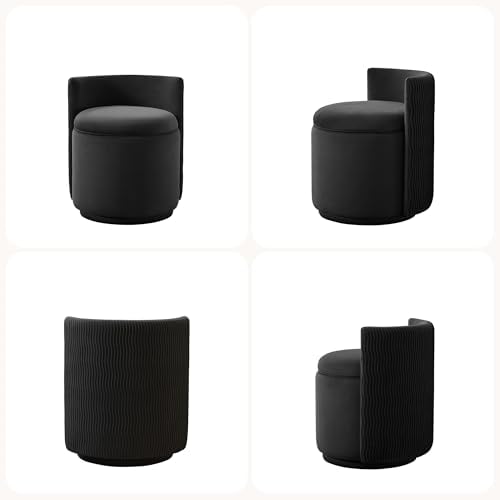 HUBSON Vanity Chair with Storage, Swivel Velvet Chairs with Back, Modern Round Accent Makeup Chair, No Assembly Vanity Stool for Living Room, Bedroom, Dressing, Black