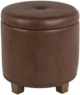 HomePop 18.5" Round Storage Ottoman with Nailheads - Brown Faux Leather