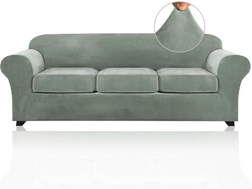 PrinceDeco Velvet Couch Covers for Sofa Soft 4 Pieces Couch Covers for 3 Cushion Couch Sofa Pet Friendly Furniture Protector with Non Slip Elastic Bottom Width Up to 97 Inch (Large Sofas, Sea Grass)