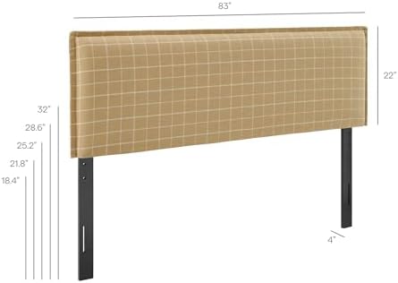 Modway Camille King Size Checkered Linen Blend Plaid Headboard with Removable Slipcover – in Hemp Windowpane Check - Padded Pillow Style Headboard with Adjustable Mounting for King Beds