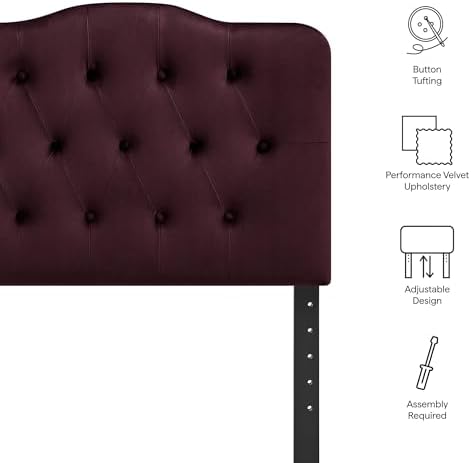 Modway Annabel Performance Velvet Adjustable Twin Headboard in Mulberry - Stain-Resistant Padded Headboard Only with Diamond Button Tufting and 7 Height-Adjustable Positions
