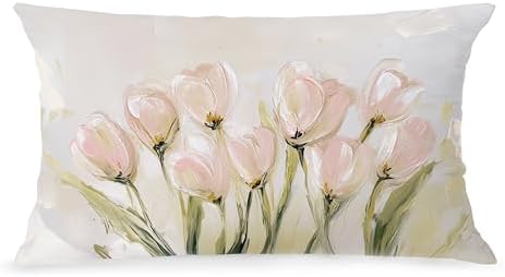 Vintage Pastel Tulip Floral Lumbar Pillow Cover 12x20 Double-Sided, Farmhouse Spring Decor, Abstract Floral Botanical Decorative Throw Pillow Cover for Living Room Home Bedroom