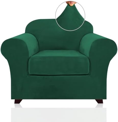 PrinceDeco 2 Piece Chair Cover Velvet Chair Slipcovers Soft Armchair Cover Furniture Protector with Arms Width Up to 49 Inch Chair Sofa Cover with Individual Cushion Covers(Small, Green)