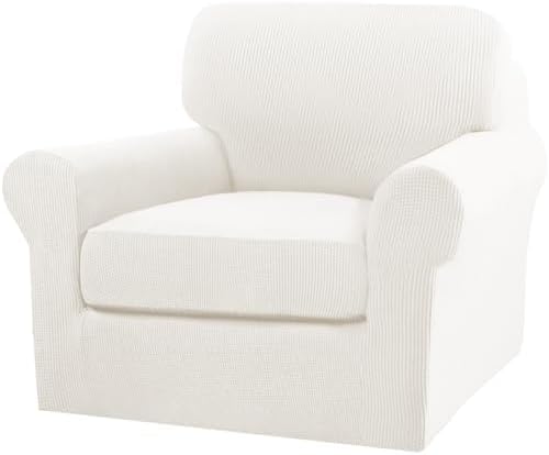 Turquoize 2 Piece Chair Covers Armchair Slipcovers for Living Room Armchair Sofa Cover with Individual Cushion Covers Feature Jacquard Fabric (Chair, Porcelain White)
