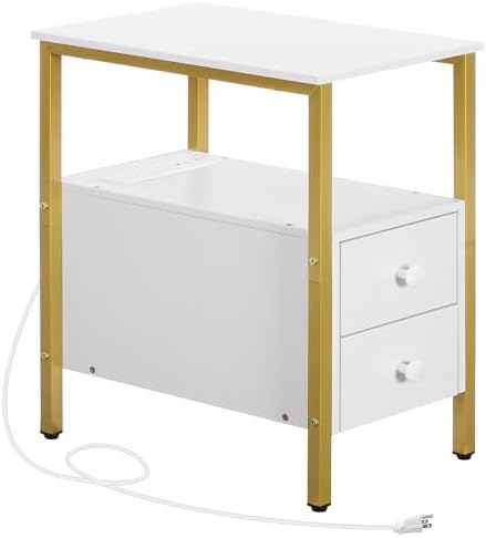HOOBRO End Table with Charging Station, Narrow Side Table with 2 Drawer & USB Port & Power Outlets, Nightstand for Small Spaces, Stable and Sturdy, for Living Room, Bedroom, Gold and White DW541BZ01