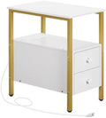 HOOBRO End Table with Charging Station, Narrow Side Table with 2 Drawer & USB Port & Power Outlets, Nightstand for Small Spaces, Stable and Sturdy, for Living Room, Bedroom, Gold and White DW541BZ01