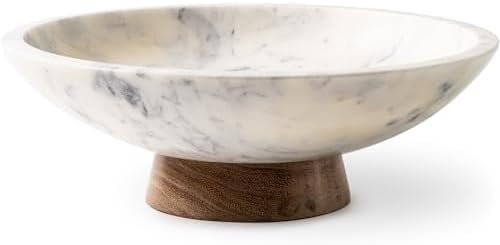 Cork & Mill Marble Decorative Bowl with Acacia Wood Pedestal, 11 Inch