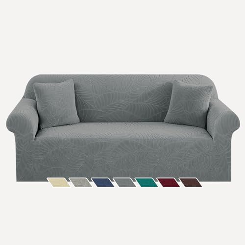 YEMYHOM Couch Cover Latest Jacquard Design High Stretch Sofa Covers for 3 Cushion Couch, Pet Dog Cat Proof Slipcover Non Slip Magic Elastic Furniture Protector (Large, Begonia Leaf Dark Gray)