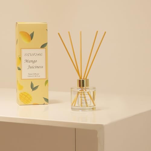 100ml Scent Diffuser with 6 Fiber Sticks, 3.5 oz Reed Diffuser Set Aromatherapy Fragrance Diffusers Air Fresheners for Home Bedroom Bathroom (Mango)