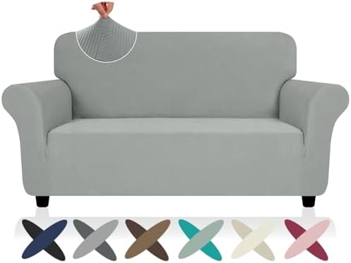 ZNSAYOTX Super Stretch Loveseat Covers (57"-70"), New Striped Love Seat Slipcover, Dogs Pet Friendly Anti-Slip Couch Protector Spandex Durable 2 Seater Fabric Sofa Cover(Light Grey, Loveseat)