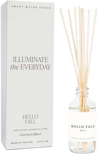 Sweet Water Decor Hello Fall Reed Diffuser Set - Hot Cider, Cinnamon, Cloves, Apple, and Nutmeg Scented Diffuser - Scent Diffusers for Home, Long Lasting Fragrance, Made in the USA