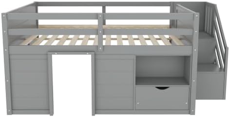 Bellemave Full Size Low loft Bed for Kids,Wood Loft Beds,Modern Farmhouse Full loft Bed,Loft Bed with Desk and Storage, No Box Spring Needed,for Kids, Gray