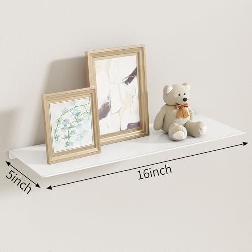 MKO 16" Floating Shelves for Wall, Metal Wall Mounted Shelf for Bathroom, Bedroom, Living Room, Kitchen, Hanging Shelves for Books/Storage/Room Decor 2 Packs, White