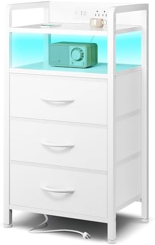 Lazzanto Nightstand with Rear Charging Station, LED Light, 3 Drawers, White