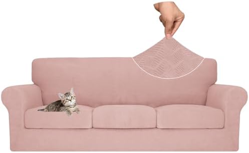 MAXIJIN 4 Piece Couch Covers for 3 Cushion Couch Sofa Covers, Stretch Couch Slipcovers for Sofas with 3 Cushions, Thick 3 Seat Furniture Protector for Dogs Pet (71"-91", Dusty Pink)