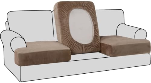 H.VERSAILTEX Stretch Velvet 3 Piece T Cushion Sofa Slipcovers - Individually Fitting Cushion Covers for 3 Cushion Couch - Stay in Place (Camel)