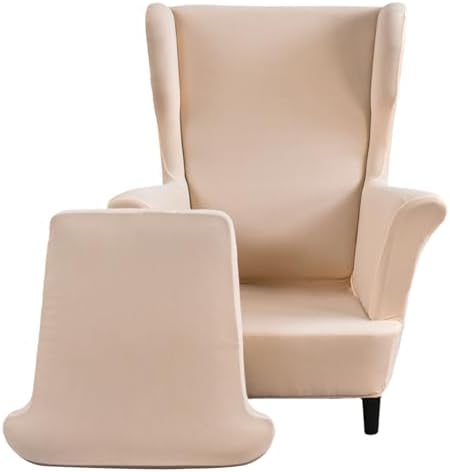 Wingback Chair Slipcover 2 Piece Stretch Armchair Cover Furniture Protector Washable Spandex Wing Beige Chair Covers for Living Room