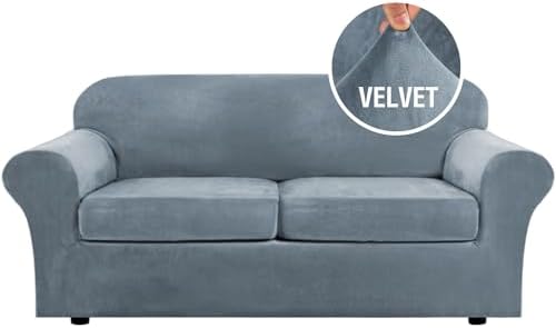 H.VERSAILTEX Real Velvet Plush 3 Piece Stretch Sofa Covers Couch Covers for 2 Cushion Couch Sofa Slipcovers Width Up to 90 Inch Feature Thick Soft Stay in Place (Large Sofa, Stormy Blue)