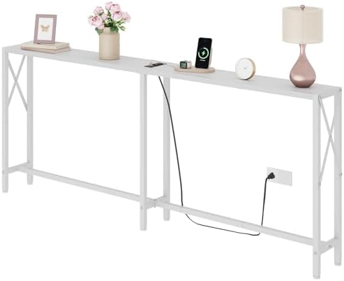 Gewudraw 70" Sofa Table Behind Couch with Socket-Narrow Console Table,White