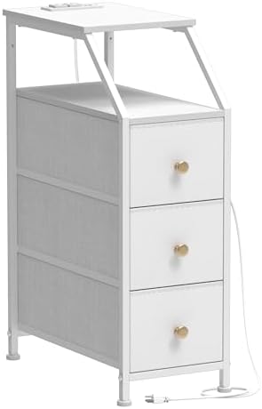 Tohomeor Narrow Dresser Tall Skinny Storage Tower Vertical Slim Chest of Drawers with Charging Station Small Nightstand Side Table for Bedroom, Bathroom, Small Spaces (White, 3 Drawers)