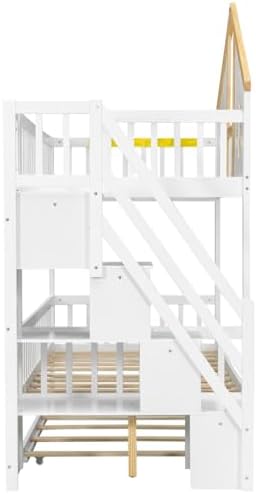 Twin Over Twin Size House Bunk Bed with Trundle & Storage Stairs