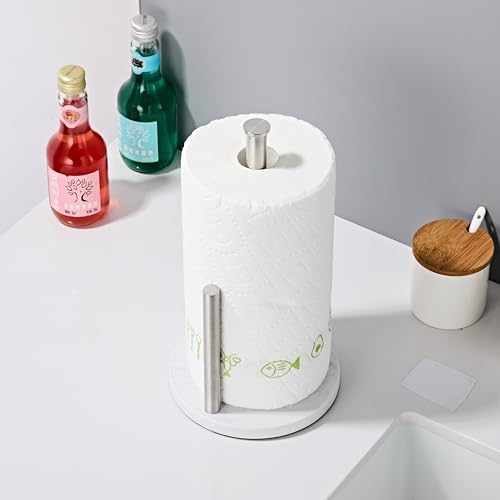 Brushed Nickel Paper Towel Holder for Kitchen Countertop, 304 Stainless Steel Roll Dispenser with White Engineered Marble Weighted Base, Freestanding Paper Towel Stand for Standard Rolls