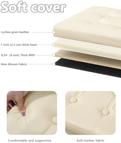 Bsketa Storage Ottoman Bench,17 Inch Folding Leather Foot Rest Stool,Beige