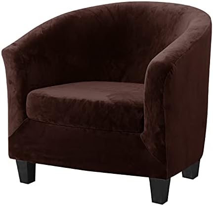 MIFXIN 2 Pieces Velvet Tub Chair Covers with Cushion Cover Stretch Soft Removable Tub Chair Slipcovers Armchair Sofa Couch Furniture Protector for Living Room Club Bar Counter Hotel (Brown)