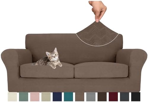 MAXIJIN 3 Piece Couch Covers for 2 Cushion Couch Sofa Cover, Stretch Loveseat Sofa Slipcovers for Sofas with 2 Large Cushions, Thick Dogs Pet Furniture Covers (71"-91", Brown)