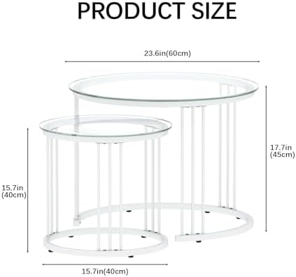 Garden 4 you Nesting Coffee Table, 23.6" Round Coffee Table Set of 2, Glass Nesting Table with Metal Frame, Ceter Tables for Living Room Bedroom Balcony, White
