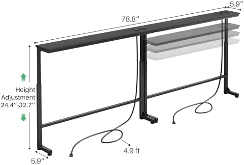 Kitstorack Narrow Sofa Table with Charging Station, 78.8" Behind Couch Table, Adjustable 24.4"-32.7" Height, Modular 2-piece Design for sectionals, entryways, Apartments, and Narrow Living Spaces