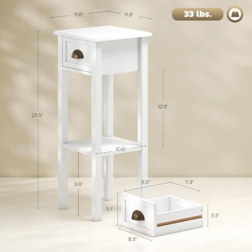 HOMCOM Narrow End Table with Drawer and Bottom Shelf Set of 1 White