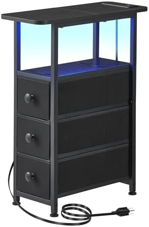DALEMHOME Narrow End Table with Charging Station, Narrow Side Table with Drawer, Small Nightstand with LED Light, Skinny Nightstand, Small Bedside Table for Living Room, Bedroom, Couch, Black