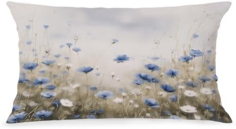 Vintage Blue White Floral Pillow Cover 12x20, Cottagecore Botanical Wildflower Field Landscape Decorative Lumbar Pillow Cover for Couch Bed Living Room Bedroom