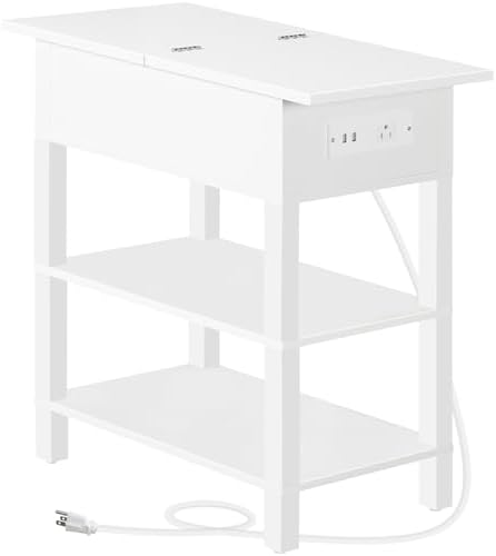 HOOBRO End Table with Charging Station, Flip Top Side Table with USB Ports, Narrow Nightstand Bedside Tables with Storage Shelves, for Small Space, Living Room, White WT141UBZ01