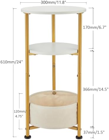 3-Tier Small Round Side Table with Storage Basket, White & Gold