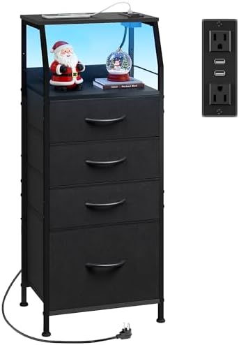 WLIVE Night Stand with Charger Station, LED Nightstand with 4 Fabric Drawers and Storage Shelf, Tall Dresser for Bedroom, 37.48" H Bedside Table with 3 USB Ports and Outlets, Black