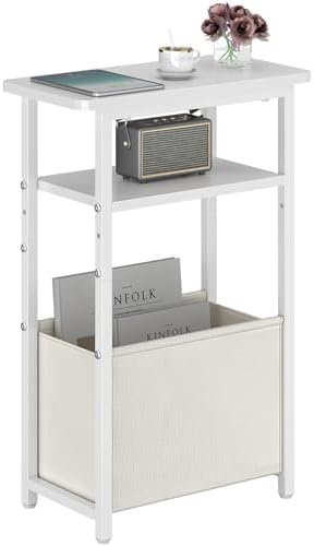 sthmec Narrow Side Table, Skinny End Tables with Fabric Basket, Small Side Tables for Small Space, 2-Tier Open Shelves with Basket, Slim Nightstands for Bedroom,Living Room,Office, White