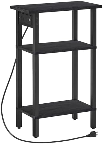 HOOBRO Narrow Side Table, 3-Tier Slim End Table with Charging Station, Skinny Nightstand with Open Storage, for Small Spaces, Living Room, Bedroom, Study, Rustic Brown and Black BB340UBZ01