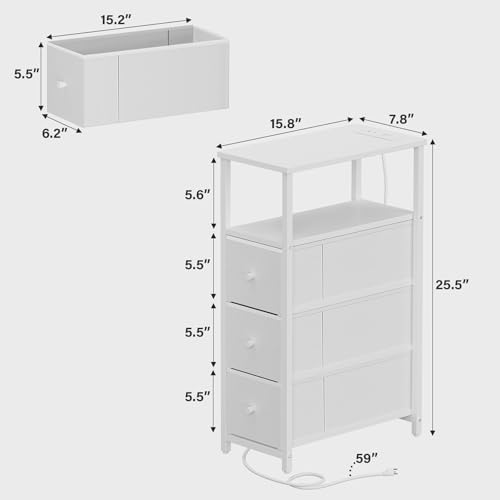 TUTOTAK Narrow Night Stand with Charging Station, Slim End Table