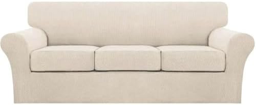 Turquoize 4 Piece Sofa Covers for 3 Cushion Couch Sofa Slipcover Soft Couch Cover for Dogs Washable Furniture Cover with 3 Individual Large Cushion Covers Feature Fabric (Large Sofa, Biscotti Beige)