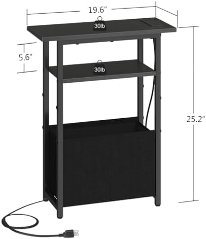sthmec Narrow Side Table with Charging Station, Small End Table for Small Spaces, Skinny Nightstands with Storage Basket, 3 Tier Sofa Couch Bedside Tables for Living Room,Bedroom, Black